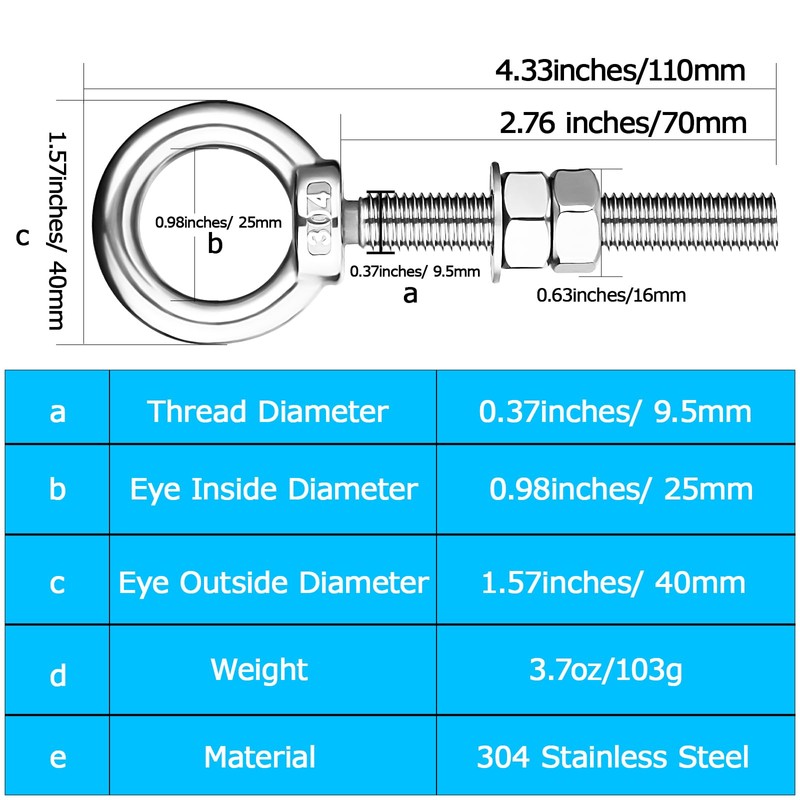 M10 Shoulder Eye Bolts 2.75"X3/8" Premium Stainless Steel with 2