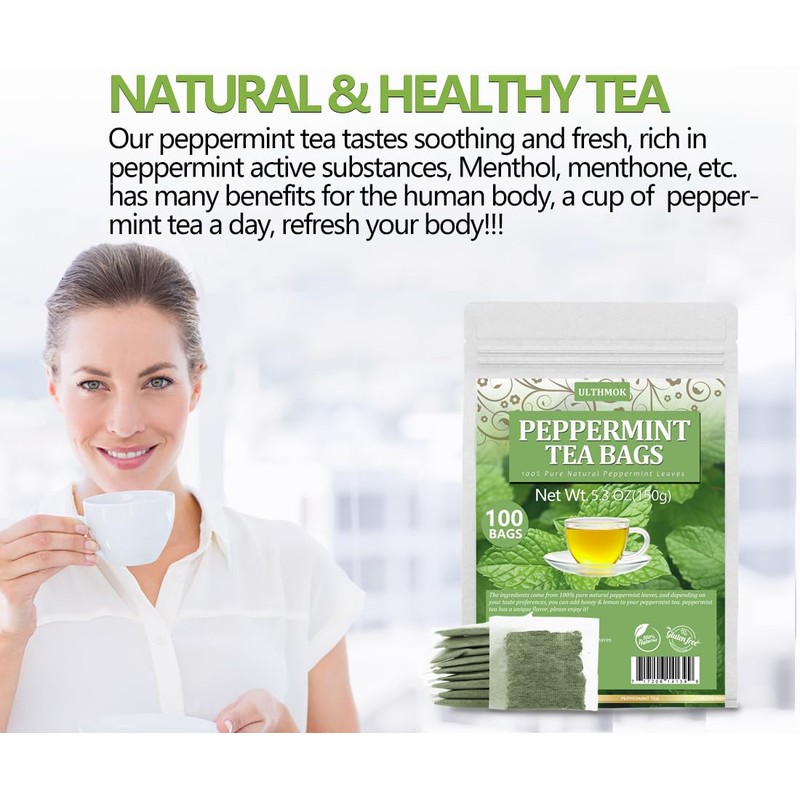 Premium Peppermint Tea Bags, 100 Tea Bags, Made with 100%