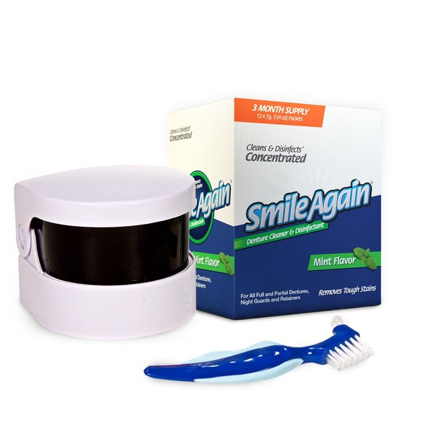 Smile Again Care Kit, Denture, Retainer & Aligner Care and Cleaning Bundle with Ultrasonic Denture & Retainer Cleaner, Brush, Denture Cleaning Solution, and Informational Brochure, Pack of 3