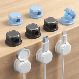 9 Pack Cord Organizer, Spring Cable Management, Adhesive Cute Cable Holder Clips, Phone Charger Wire Keeper for Desk Nightstand Car Office (9-Pack White_Blue_Black)