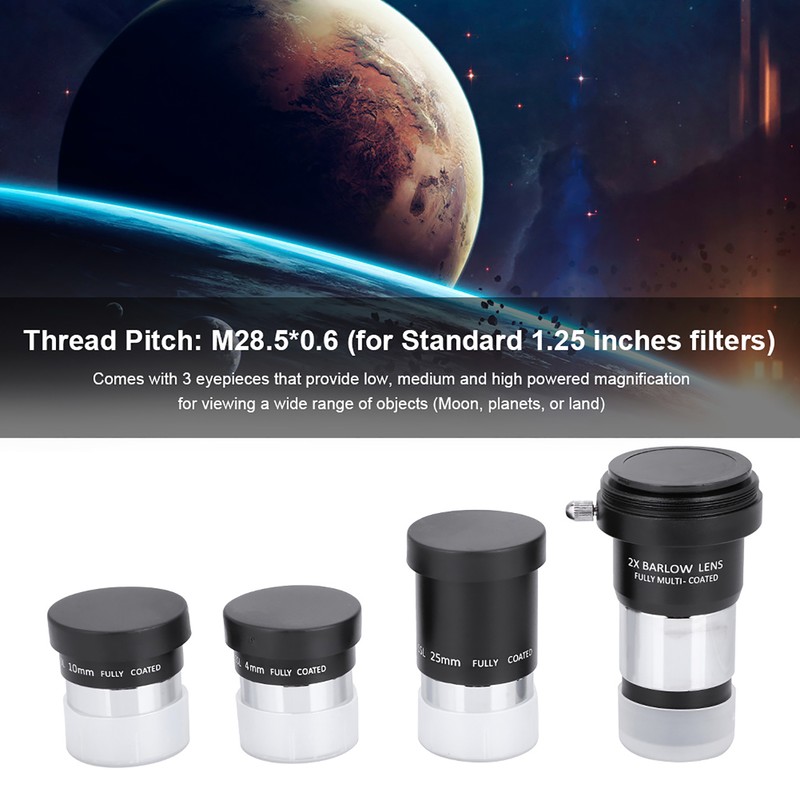 1.25" Plossl Telescope Eyepiece Set 4/10/25mm 2X Barlow Lens Kit