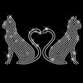 Glitzerdeals Iron-On Patch Rhinestone Cats Heart Cat Couple Rhinestone Motif Iron-On Motif Cats Rhinestone Iron-On Patch Cat