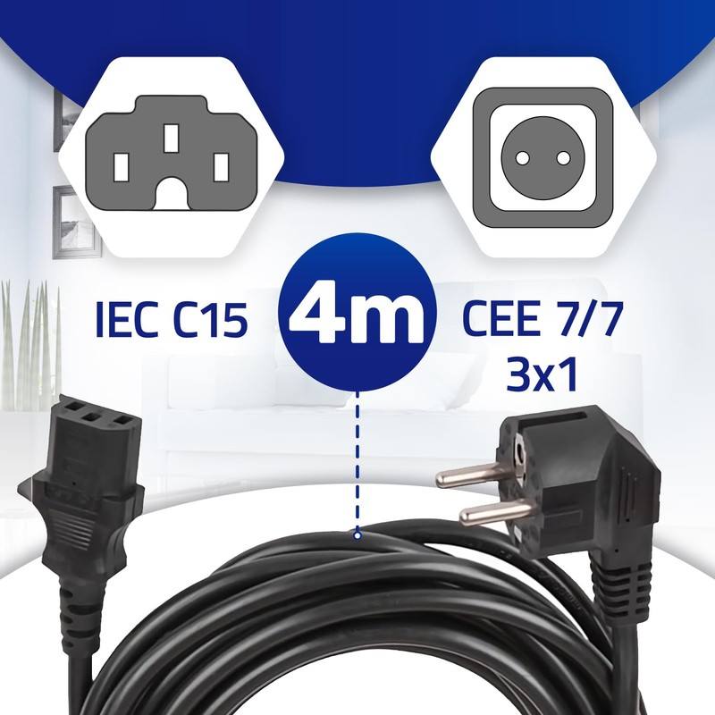 Power Cable 4 m – Plug Schuko and IEC C15