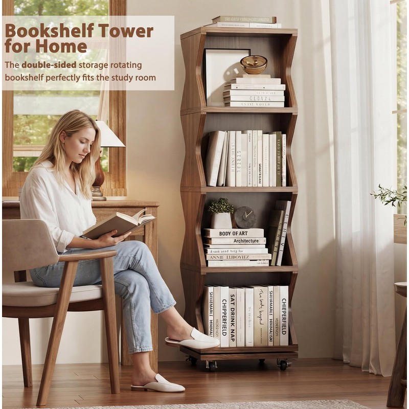 HSH Rotating Bookshelf Tower, 360°Revolving Bookcase with Wheels, Walnut