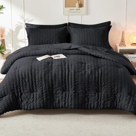 HYMOKEGE Seersucker Comforter Set Full Size 3 Pieces, Lightweight Comforter Sets for Bedding, Bed Set with 1 All Season Soft Down Alternative Comforter and 2 Pillow Shams, Black