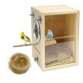 BNOSDM Small Parakeet Nesting Box, Transparent Bird Breeding Nest Boxes Natural Wood Bird Cage House with Coconut Fiber for Small Conure Lovebirds Finch Parrot Canary Mating