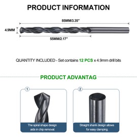 METALLIXITY Drill Bit (4.9mm) 12Pcs, 4241 High-Speed Steel Straight Shank Nitriding Black 118° for Wood Plastic Iron Copper Aluminum Low Soft Metal