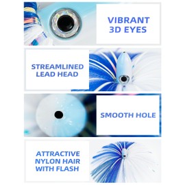 BLUEWING - Señuelos de pesca de agua salada de 1/2 onzas con cabeza de plomo, falda ballyhoo para atún, Wahoo, pez vela, Mahi Mahi, azul/blanco
