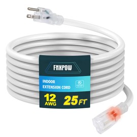 FNXPOW Indoor Outdoor Extension Cord, 12 Gauge 3 Prong Weatherproof Heavy Duty White Extension Cord with Lighted Indicator End，SJTW 15A 25FT Extension Cable for Garage, Garden and Home, UL Listed
