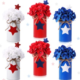 SiliFine 6 Sets 4th of July Decoration Independence Day Centerpiece for Table Includes 6 Silk Artificial Flower 6 Red Blue White Star Glitter Berry Picks 6 Metal Vases for Patriotic Party Memorial Day
