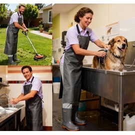 Tiwerlfe Thick Waterproof Rubber Apron, Puncture & Chemical Resistant Adjustable Long Bib for Butcher/Lab/Gardening/Pet Grooming (Black red)