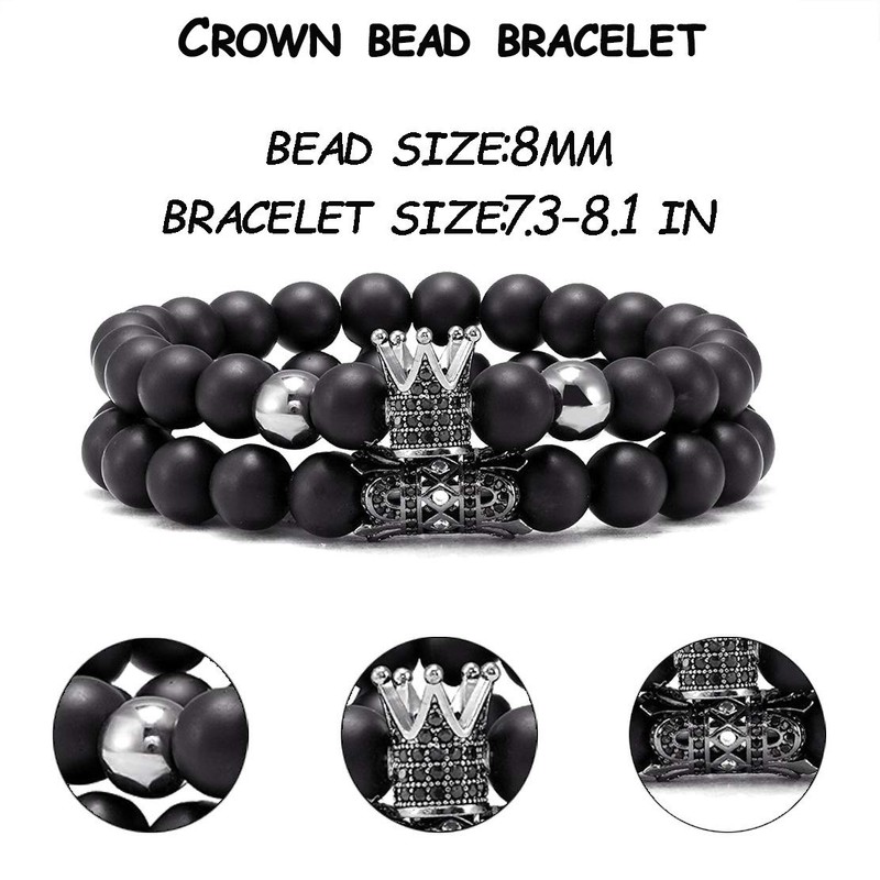 JEWPARK 4 Pcs Crown King Bracelets for Men Black Matte