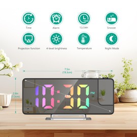 ORIA Projection Alarm Clock, Digital Projection Clock with 180° Rotatable Projector, 7.9'' Large Display, 4 Adjustable Brightness, Snooze, Date, Temperature, LED Alarm Clock for Home, Office -Colorful
