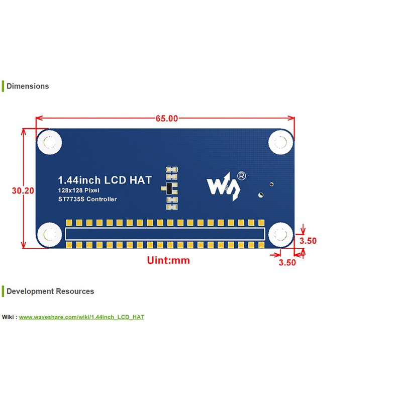 128 x 128, 1.44 inch LCD Display HAT for Raspberry