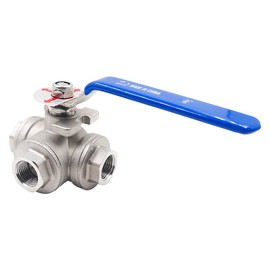 Horiznext NPT 3/8 threaded stainless steel 3 way T port with mounting pad ball valve, manual control water flow pipe gas hose heater hydraulic draining air pex tube (1 pc)