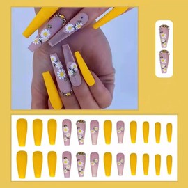 Magrace Press on Nails Long Coffin French Fake Nails with Designs Acrylic Nails Press on 24 pcs Artificial Stick on Nails for Women (A-01)