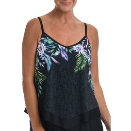 Maxine of Hollywood Women's Standard V-Neck Flutter Tankini Swimsuit Top, Black//Fiji Floral, 14