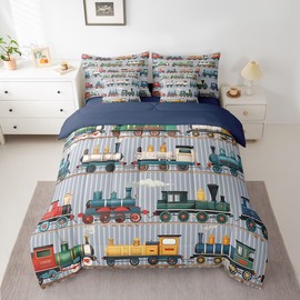 Kids Train Comforter Set Twin Size Colorful Steam Engine Train Bedding Sets(1 Comforter, 1 Flat Sheet 1 Fitted Sheet 2 Pillowcases And 2 Throw Pillow Covers)Gray, Green, Blue, Yellow, White