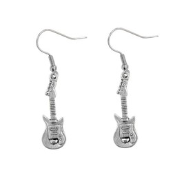 Vintage Electric Guitar Dangle Earrings, Silver-Tone Metal, Musical Instrument Design