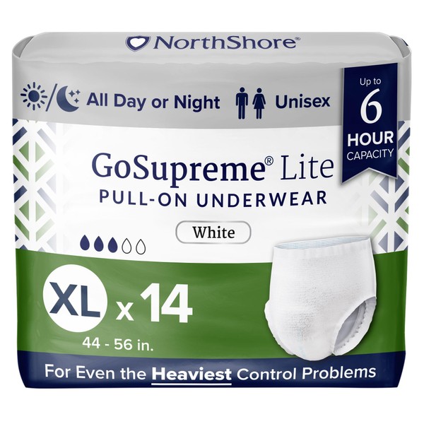 NorthShore GoSupreme Lite Incontinence Underwear, 6-Hour Pullup Style, X-Large, 14 Count Bag, White, 44-56 inches, Unisex Adult Diapers