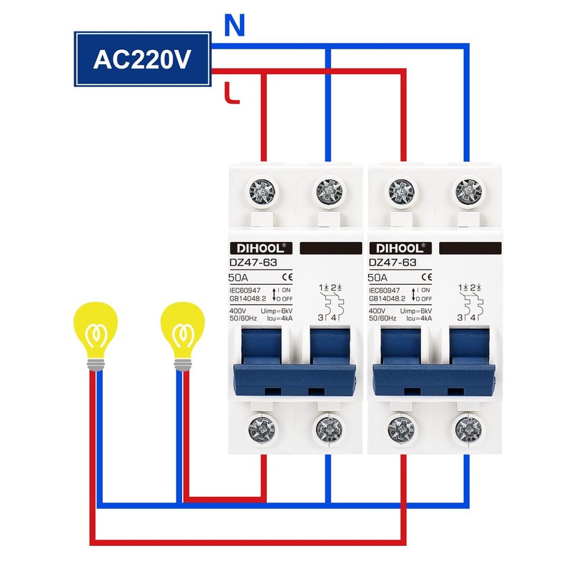 DIHOOL Miniature Circuit Breaker MCB, 2 Pole, 50Amp,230VAC,Type C