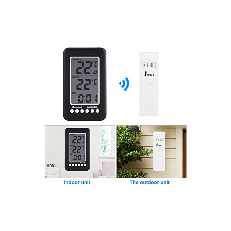 LCD Digital Indoor Outdoor Thermometer Clock Temperature Meter Wireless Transmitter
