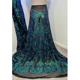 Waheed Fabric Green Blue Sequins On Black 4way Stretch Mesh Fabric 50” Width Sold By The Yard