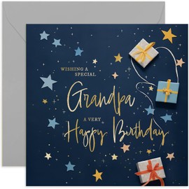 Old English Co. Grandpa Birthday Card for Him - Navy Blue Male Birthday Card for Family - Stars Wrapped Gifts Presents Card Design - Modern Birthday Card | Blank Inside