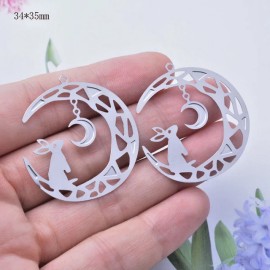 Fashion Jewelry RABBIT CRESCENT MOON BUNNY CELESTIAL Charm DIAMOND Cut 925 Silver 22" Necklace