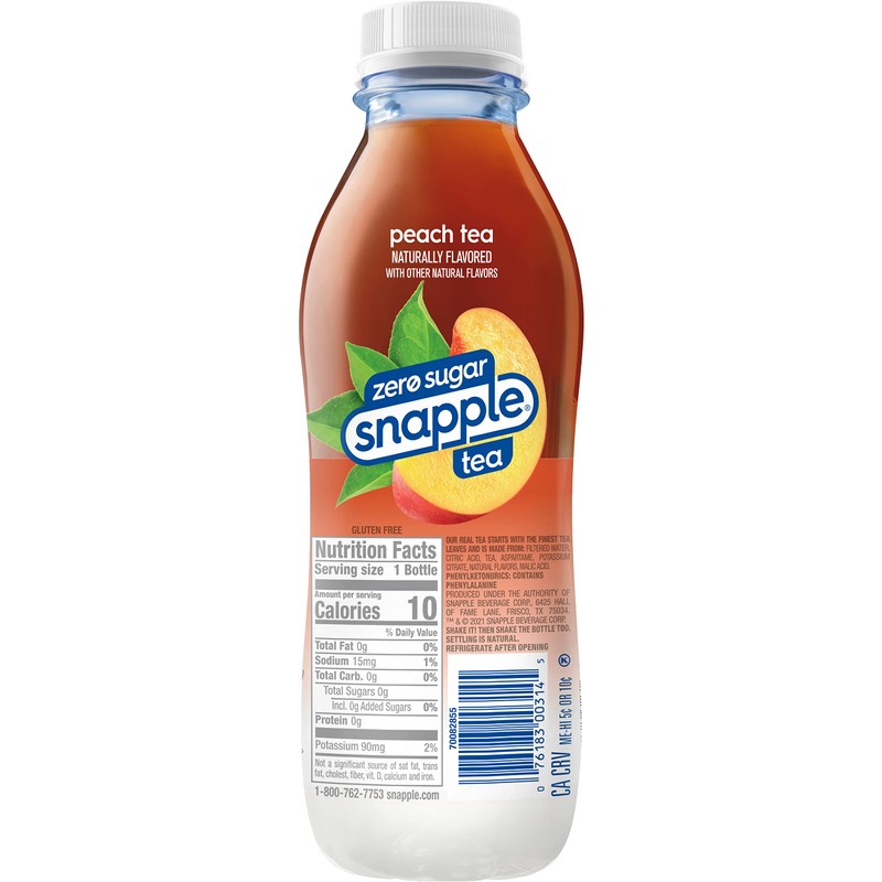 Snapple Zero Sugar Peach Tea, 16 fl oz recycled plastic