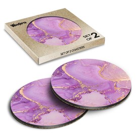 2 x Round Coasters - Purple Lilac Ink Art Marble Effect Cork Backed MDF Glossy Tea Coffee Accessory #53332