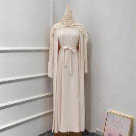 Muslim Dress With Hijab for Women Abayas Eid Kaftan Dresses Long Maxi Cardigan Robe Modest Muslim Islamic Ramadan Abaya Dress Prayer Clothes For Women Kaftan Maxi Dress Long Sleeve Beige + Hijab XL