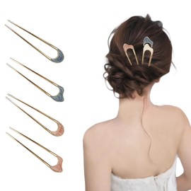 4 Pieces 2 Color U-Shaped Metal Vintage Hair Pins & Forks for Women's Buns Hairstyle, French Twist Elegant Hair Accessories, Chignon Hair Pins