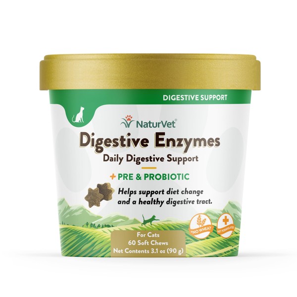 NaturVet – Digestive Enzymes For Cats Plus Probiotics – 60 Soft Chews – Helps Support Diet Change & A Healthy Digestive Tract – Aids in the Absorption of Vitamins & Minerals – 30 Day Supply