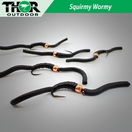Thor Outdoor 18 Pc Squirmy Wormy Set, Black Size #10 to 14 - Barbless Wet Worm Fly Fishing Flies for Trout, Panfish, Bass