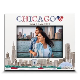 BELLA BUSTA-Personalize-Chicago Theme Picture frame-Wedding, Honeymoon, Anniversary, Birthday, Vacation in United State- UV Print City Design Set (5x7 Horizontal)