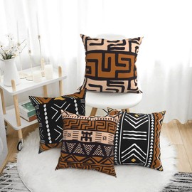 African Mudcloth Throw Pillow Covers 18X18 Brown Boho Ethnic Decorative Pillow Cases Kuba Tribal Mud Cloth Cushion Covers for Chair Couch Home Outdoor Decor Set of 4, Double Side Print