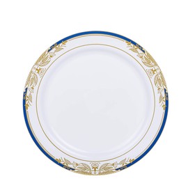 10 pcs 10-Inch wide White Plastic Salad Plates with Royal Blue and Gold Trim - Disposable Wedding Tableware Supplies