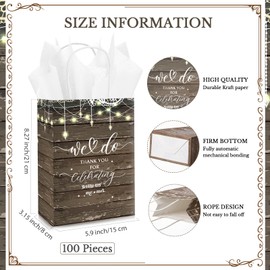 Kolldenn 100 Set Wedding Gift Bags with Tissue Paper Wedding Welcome Favor Paper Bags for Guests with Handles Thank You Bridal Shower Hotel 5.91 x 3.15 x 8.27 Inches