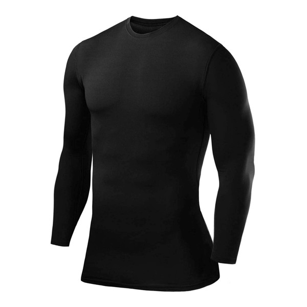 PowerLayer Men's Long-Sleeved Compression T-Shirt for Football/Running - High Neck / Crew Neck Sports T-Shirt, Black