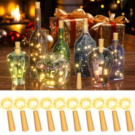 PChero Wine Bottle Cork Lights with Timer, 10 Pack 20 LED 6.6 ft Fairy String Lights Battery Operated for DIY Party Wedding Christmas Festival Bar Decoration, Warm White