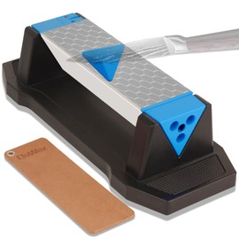 DOWOX Diamond Sharpening Stone Kit, 3 Side Grit 400/1000/8000 Knife Sharpener for Sharp Blade, Premium Diamond & Ceramic Whetstone with Angle Guide, Non-Slip Base & Leather Strop