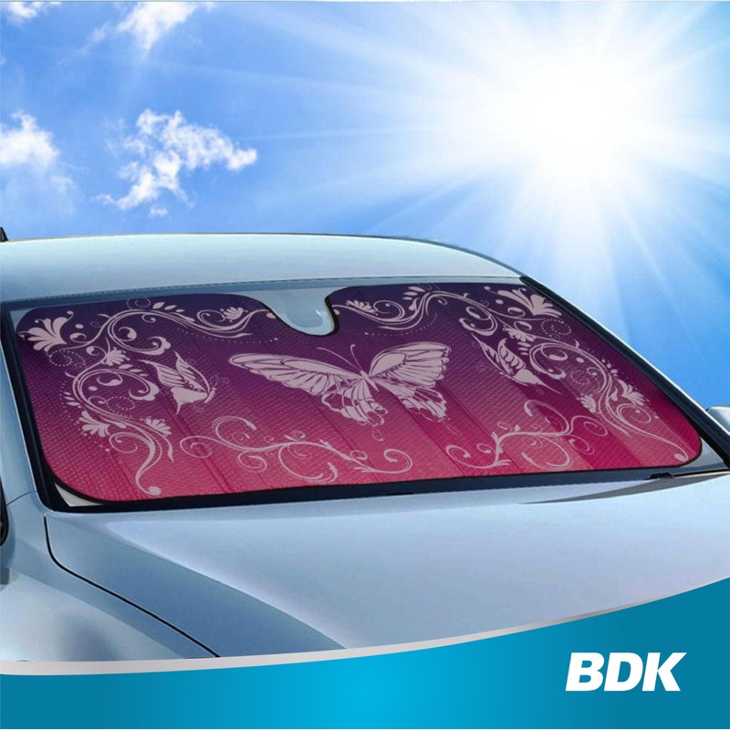 BDK Pink Butterfly Front Windshield Sunshade Accordion Folding Style Auto
