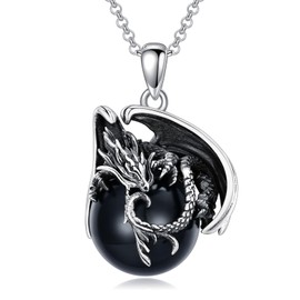 HARMONY BOLA Dragon Necklace for Men Sterling Silver Black Onyx Dragon Pendant Jewellery Birthday Gifts for Women Girls, Sterling Silver, Onyx