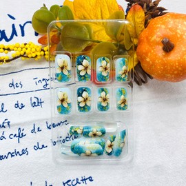 LWTZLW Fall Flower Press on Nails Medium Square Fake Nails Gold Powder Full Cover Glue on Nails Blue Gradient Design Oval Acrylic False Nail Autumn Glossy Artificial Nail Reusable for Women