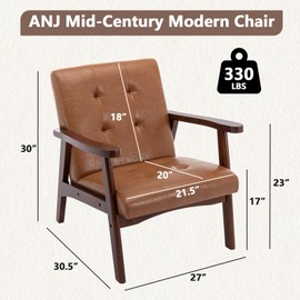 ANJ Accent Chair with Rubberwood Frame,Upholstered Faux Leather Mid Century Modern Chair for Living Room,Brown