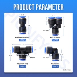 PIONFYNES 40PCS 1/4 Inch OD Push to Connect Fittings, Pneumatic Fittings Kit 10 Spliters+10 Elbows+10 Tee+10 Straight Quick Connect Air Hose Fittings
