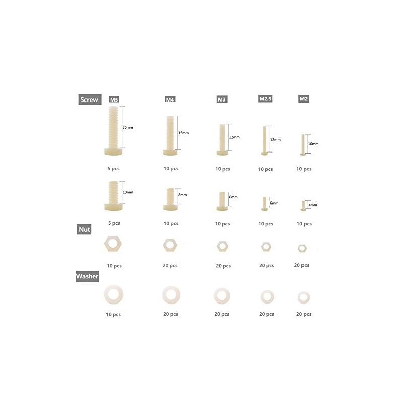 Hotusi M2 M2.5 M3 M4 M5 (Total 270pcs) Nylon Screw/Nut/Washer