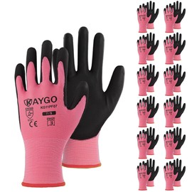 KAYGO Safety Work Gloves PU Coated-12 Pairs, KG11P Seamless Knit Glove with Polyurethane Coated Smooth Grip on Palm & Fingers, for Men and Women, Ideal for General Duty Work,Pink,Small