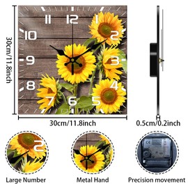 CHGCRAFT 12inch Sunflower Vintage Pattern Wall Clock Silent Wooden Square Wall Clock Battery Operated Rustic Farmhouse Wall Clock for Home Decor Living Room Kitchen Office